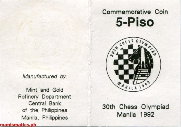 1992 5 Piso 30th Chess Olympiad Manila Commemorative Coin Literature 2