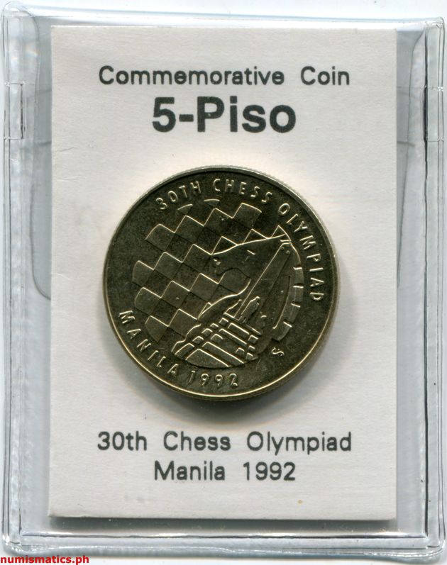 1992 5 Piso 30th Chess Olympiad Manila Commemorative Coin Packaging Obverse