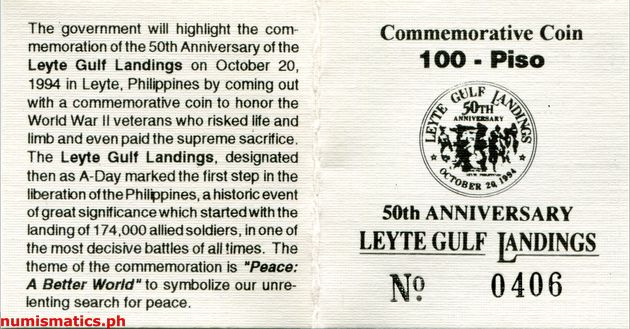 1994 100 Piso 50th Anniversary Leyte Gulf Landings Commemorative Coin Literature 2