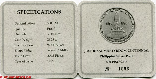 1996 500 Piso Jose Rizal Martyrdom Centennial Commemorative Coin Literature 1