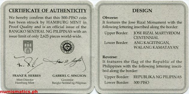 1996 500 Piso Jose Rizal Martyrdom Centennial Coin Literature 2