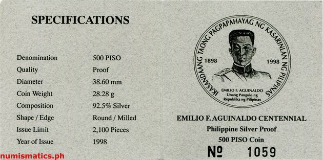 1998 500 Piso Ikasandaang Taong Pagpapahayag ng Kasarinlan ng Pilipinas Commemorative Coin Literature 1