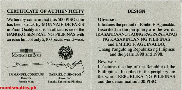 1998 500 Piso Ikasandaang Taong Pagpapahayag ng Kasarinlan ng Pilipinas Commemorative Coin Literature 2