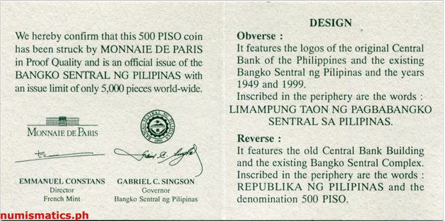 1999 500 Piso Limampung Taon ng Pagbabangko Sentral Commemorative Coin Literature 1