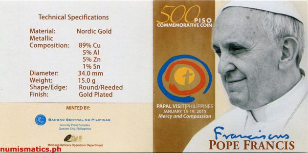 2015 500 Piso Pope Francis (Papal Visit) Commemorative Coin Literature 1