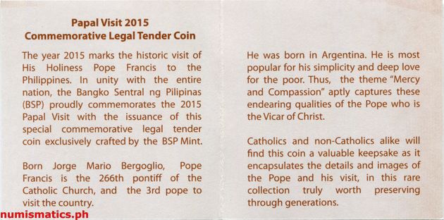 2015 500 Piso Pope Francis (Papal Visit) Commemorative Coin Literature 2