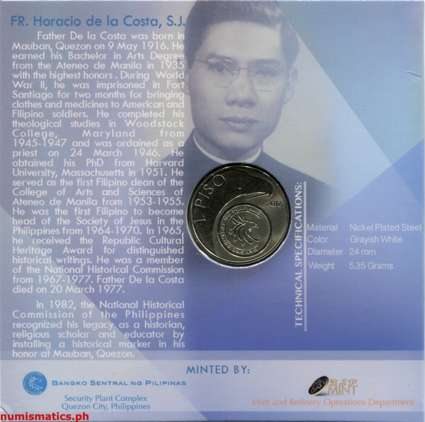 2016 1 Piso Horacio dela Costa 100 Years Blister Pack Reverse Commemorative Coin