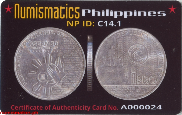 2017 1 Piso ASEAN 50 Commemorative Coin A000024 COA Card Obverse