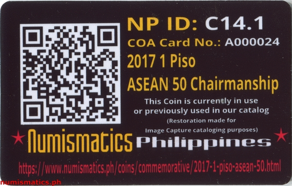 2017 1 Piso ASEAN 50 Commemorative Coin A000024 COA Card Reverse