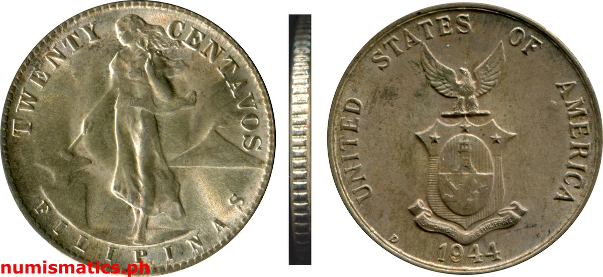 1944 D Twenty Centavos Commonwealth Issues Coin