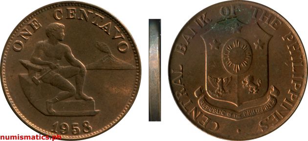 1958 One Centavo English Series Coin