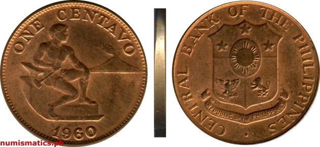 1960 One Centavo English Series Coin