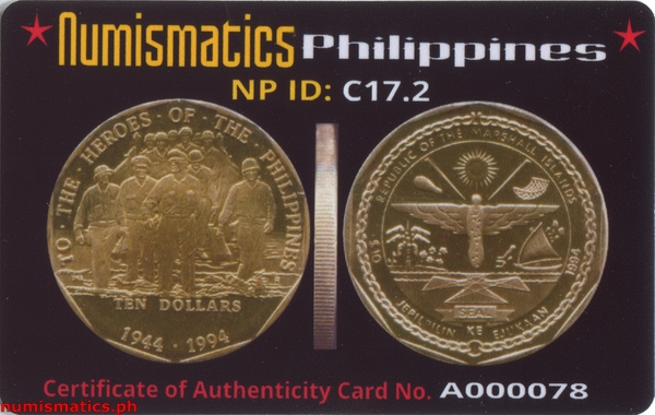 1994 Heroes of the Philippines - Marshall Islands Coin A000078 COA Card Obverse