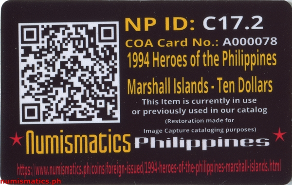 1994 Heroes of the Philippines - Marshall Islands Coin A000078 COA Card Reverse