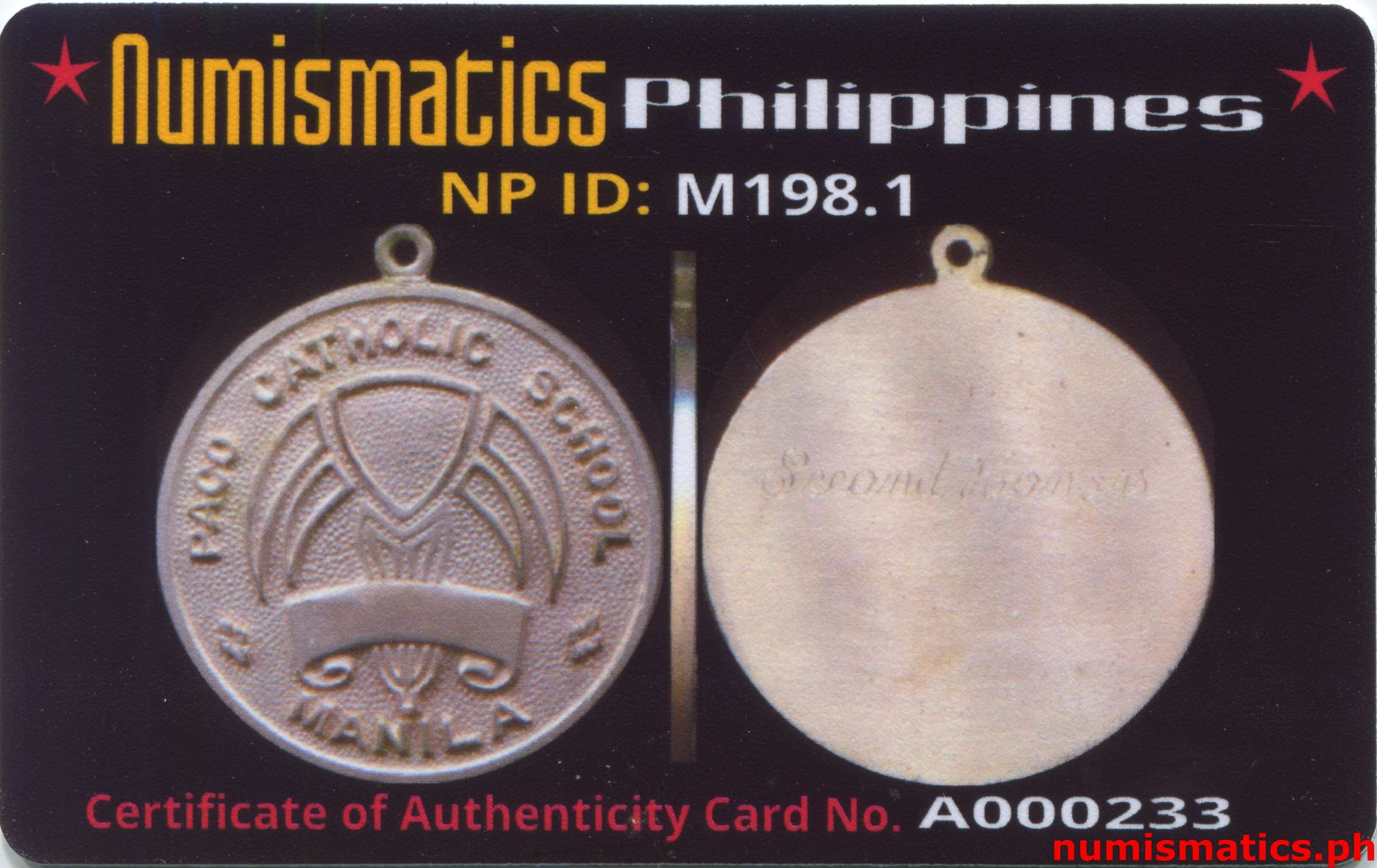 Paco Catholic School Medal A000233 Card Obverse