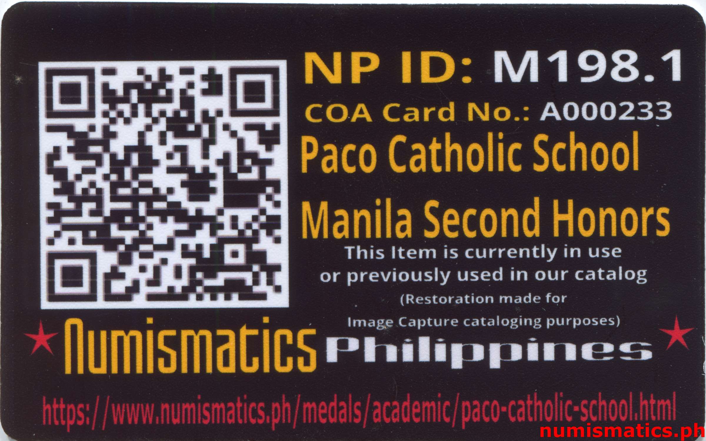 Paco Catholic School Medal A000233 Card Reverse