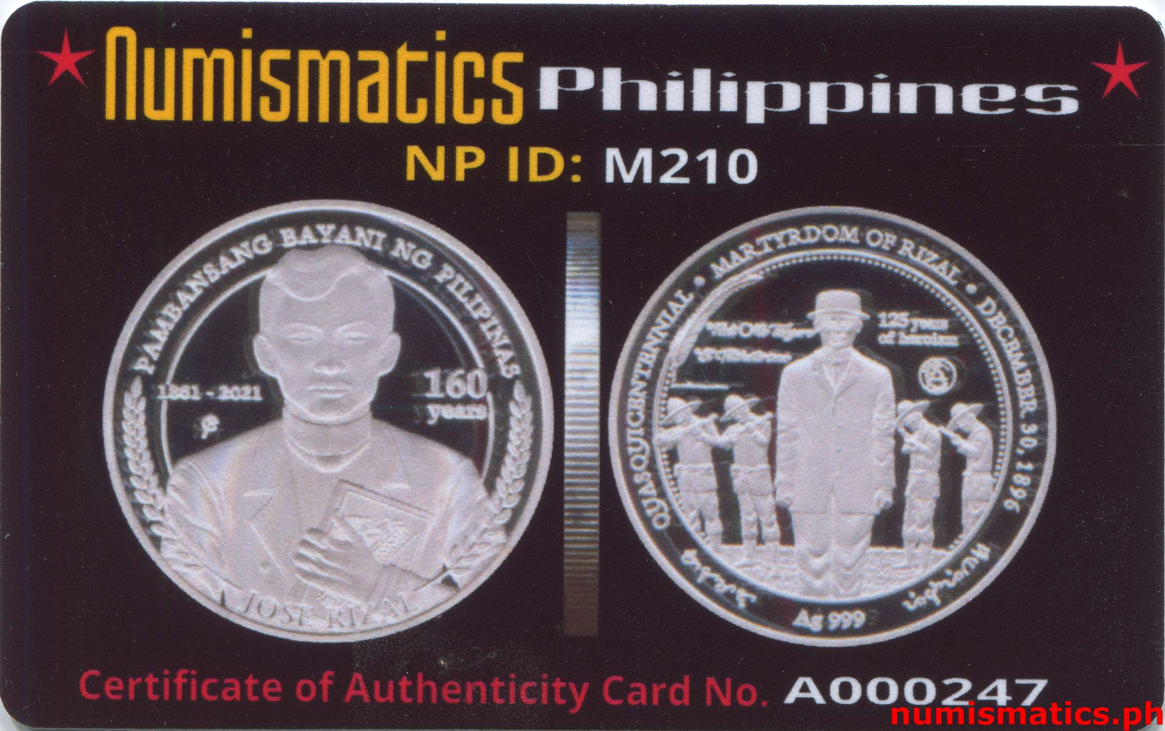 2021 Jose Rizal 160th Birth Anniversary Medal A000247 COA Card Obverse