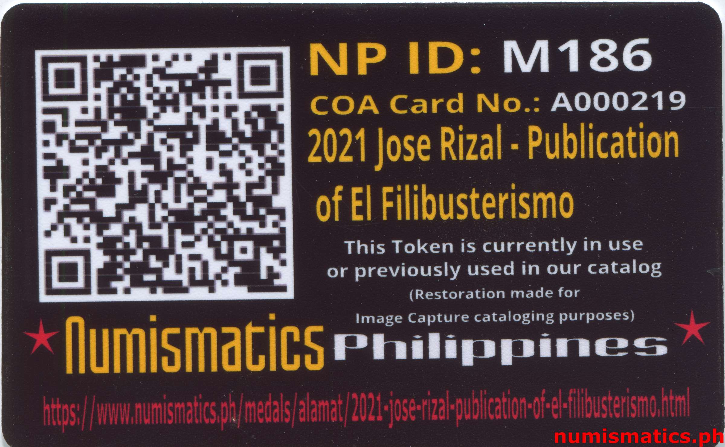 2021 Jose Rizal Publication of El Filibusterismo Medal A000219 COA Card Reverse