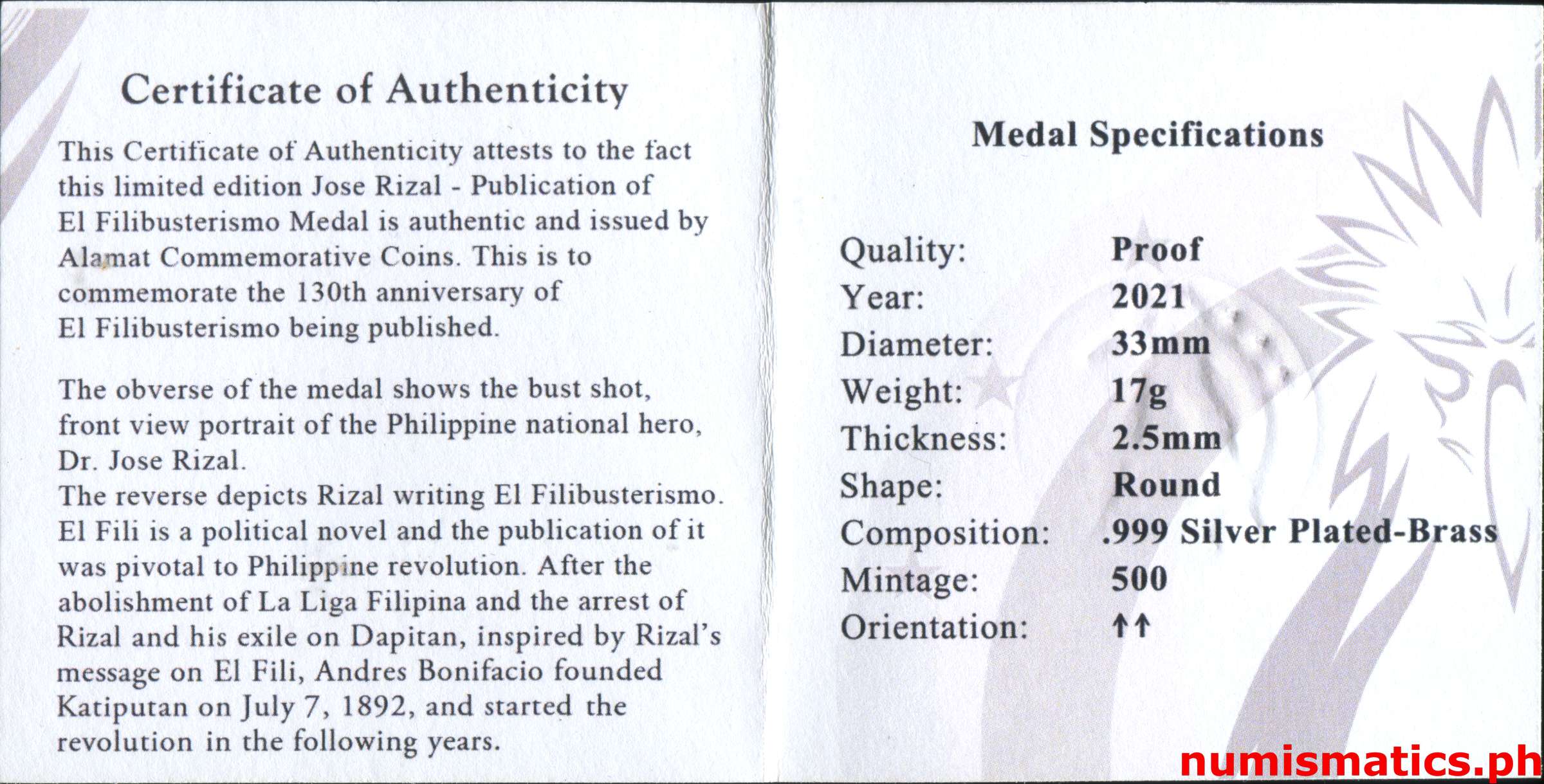 2021 Jose Rizal Publication of El Filibusterismo Medal COA 2