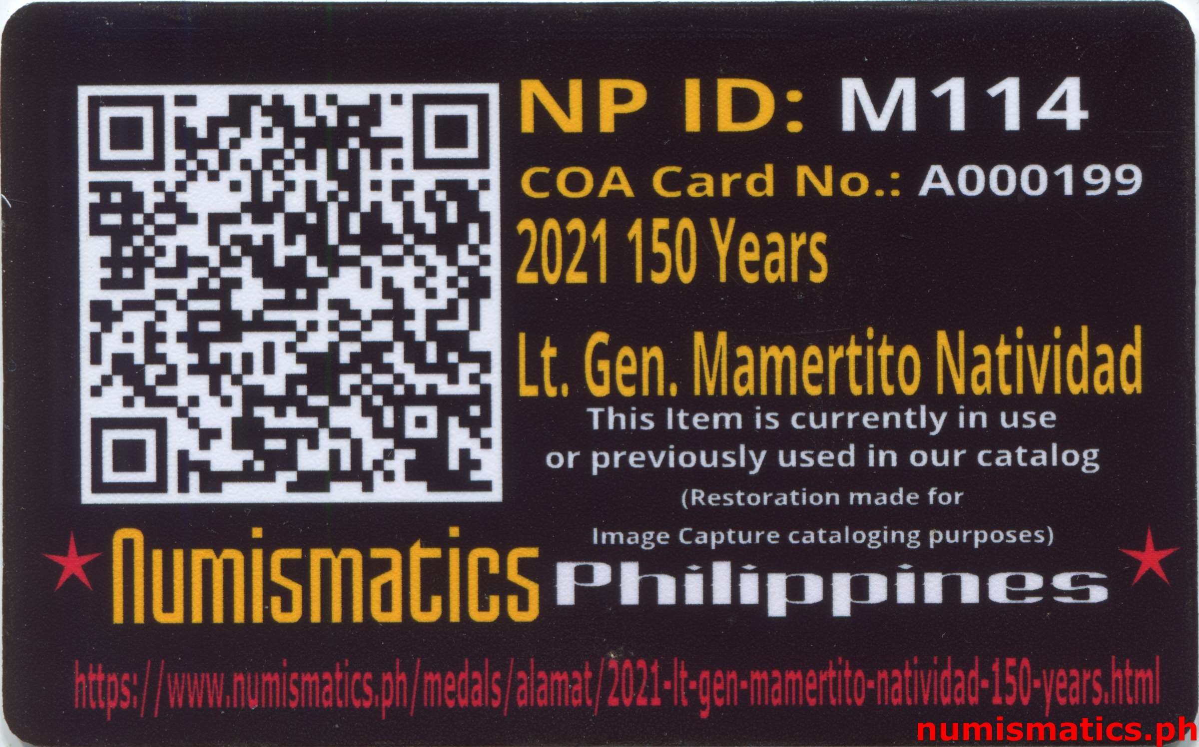 2021 Lt. Gen. Mamertito Natividad 150 Years Medal A000199 COA Card Reverse