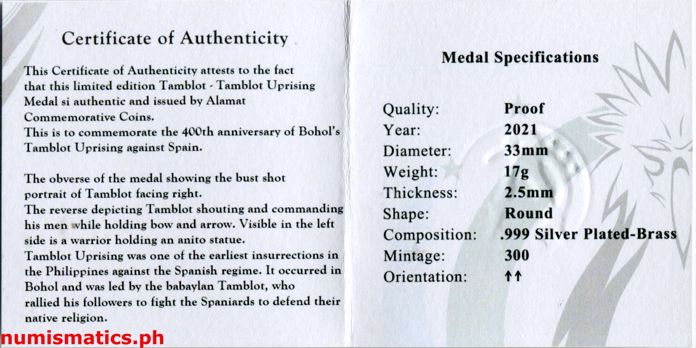 2021 Tamblot - Tamblot Uprising 400th Anniversary Medal COA 2