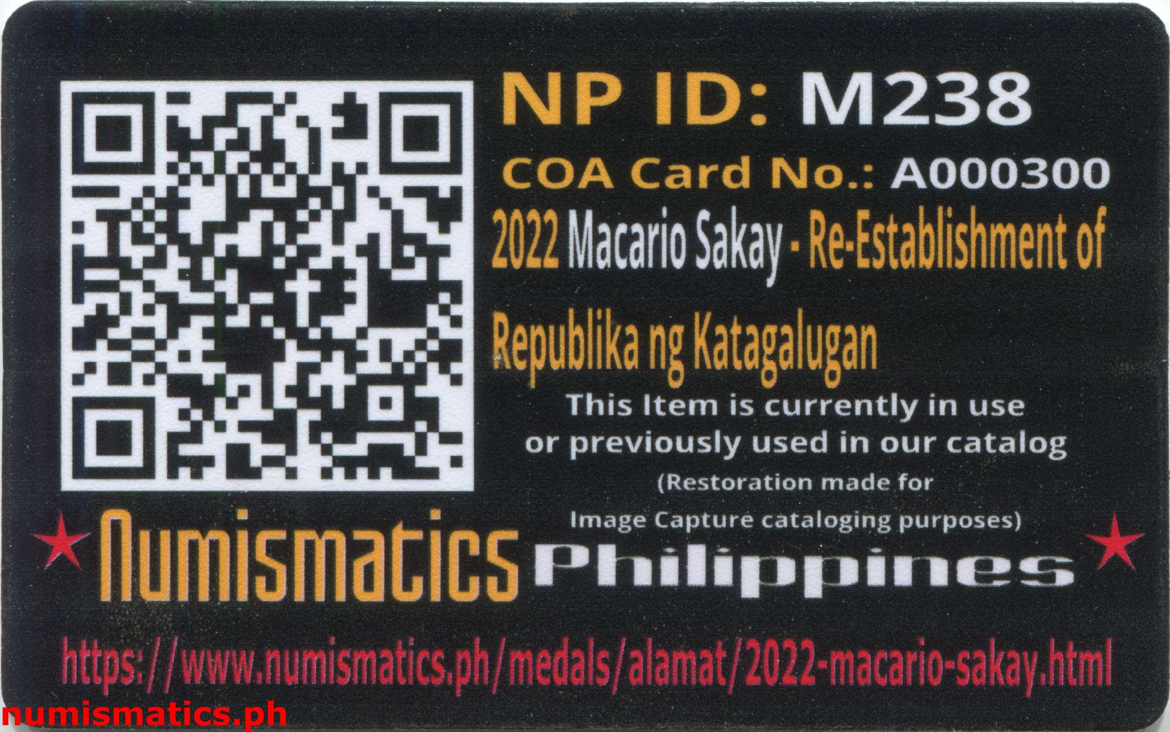 2022 Macario Sakay Re-Establishment of Republika ng Katagalugan 120th Anniversary Medal A000300 COA Card Reverse