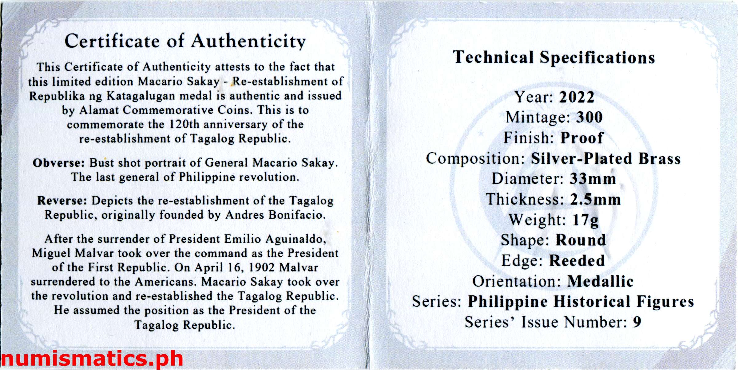 2022 Macario Sakay Re-Establishment of Republika ng Katagalugan 120th Anniversary Medal COA 2