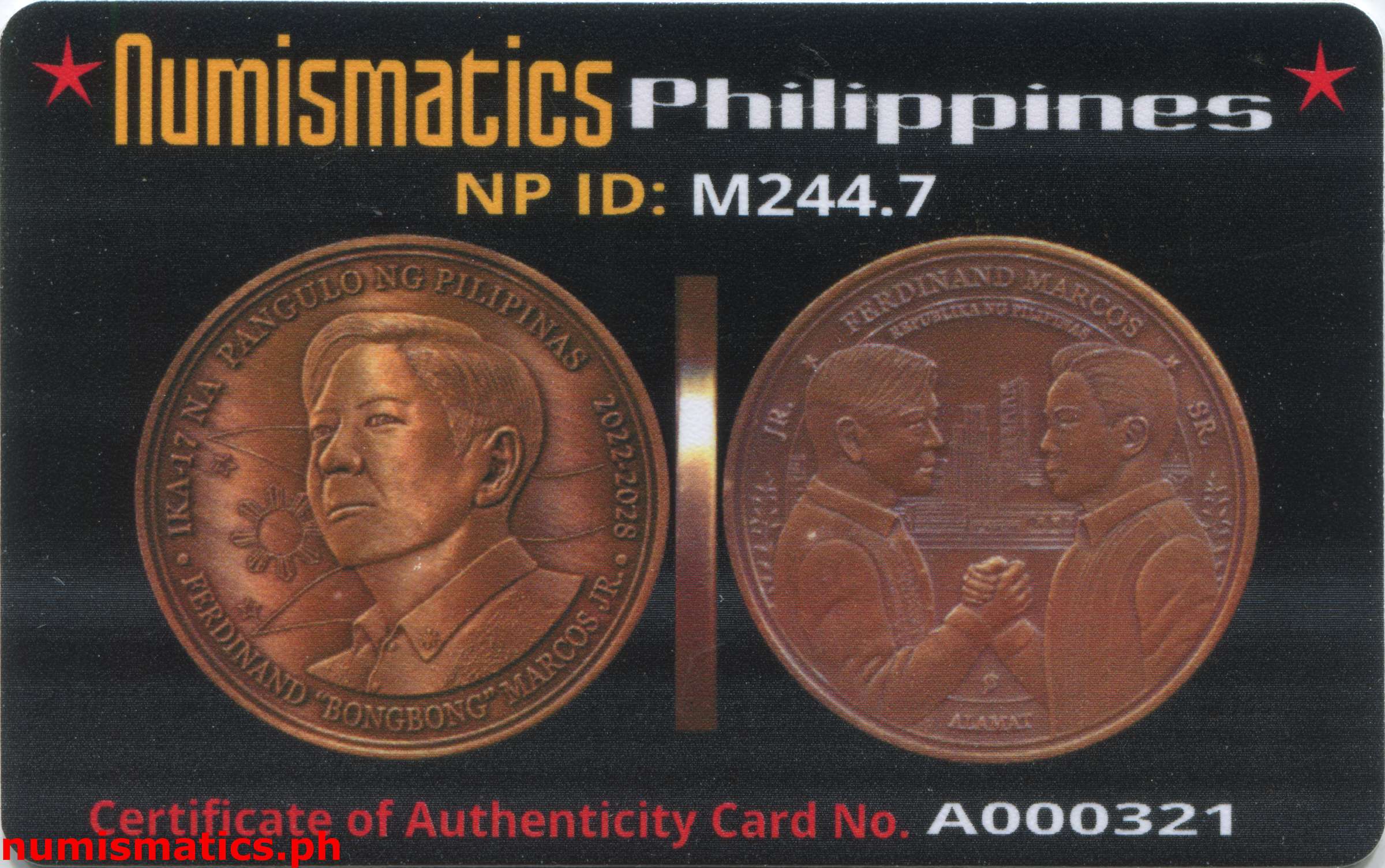 2022 Ferdinand Bongbong Marcos Jr. ika-17 na Pangulo ng Pilipinas Slab Green Label Medal A000321 COA Card Obverse