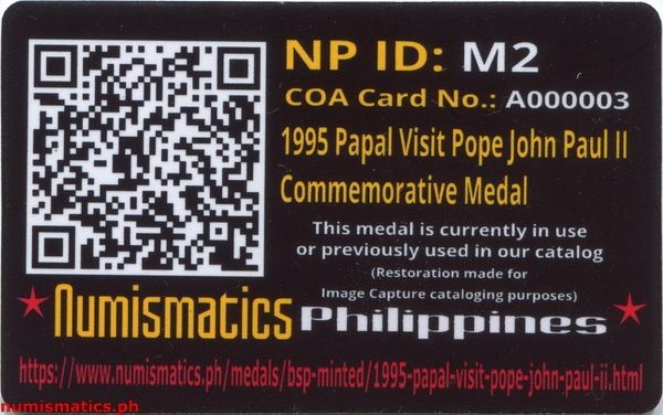 1995 Papal Visit Pope John Paul II Commemorative A000003 COA Card Reverse