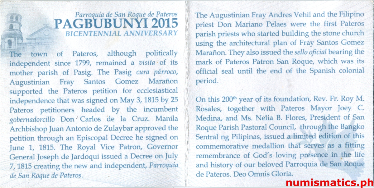 2015 Bicentennial Anniversary Parroquia de San Roque de Pateros Medal Literature 2