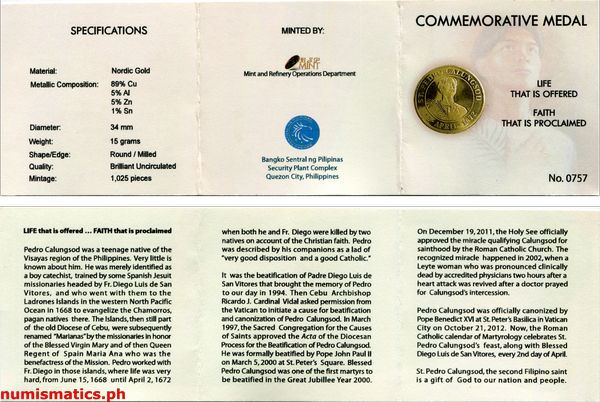 St. Pedro Calungsod Commemorative Medal Literature