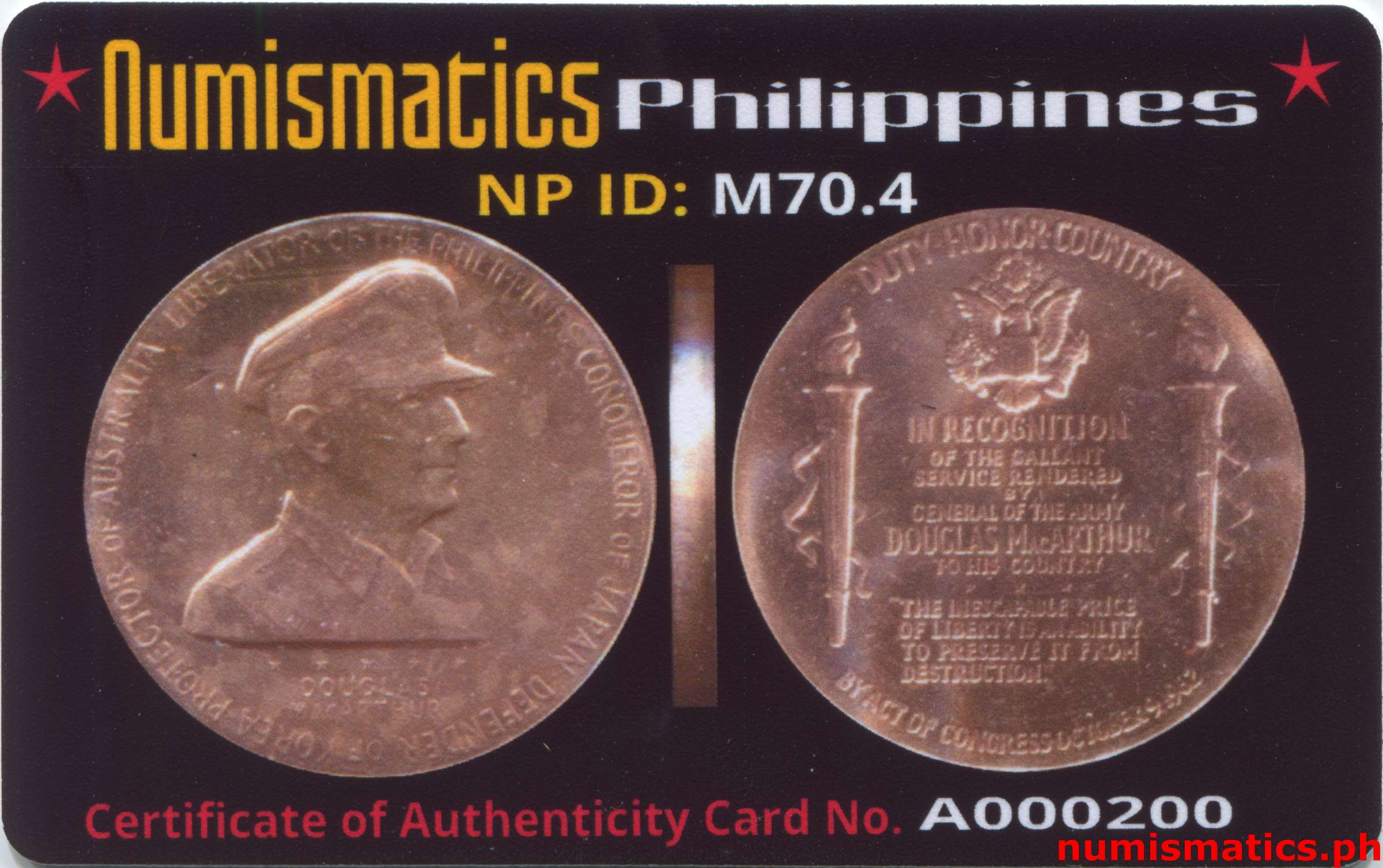 1962 Douglas MacArthur Liberator of the Philippines USA Congressional Gold Medal Miniature Bronze A000200 COA Card Obverse