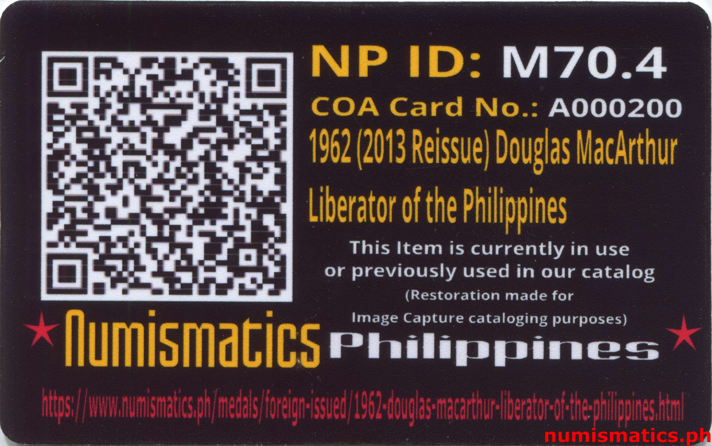 1962 Douglas MacArthur Liberator of the Philippines USA Congressional Gold Medal Miniature Bronze A000200 COA Card Reverse