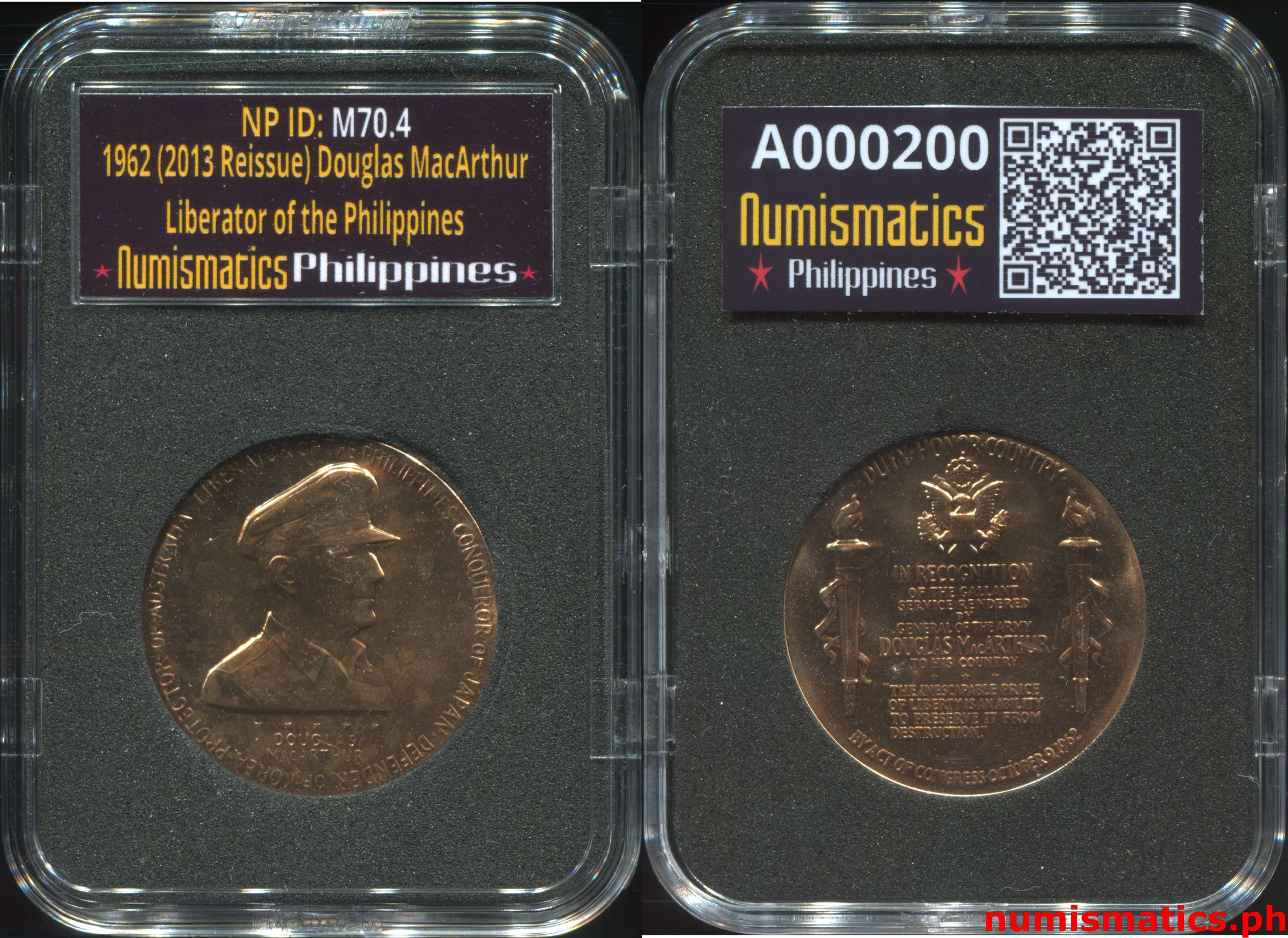 1962 Douglas MacArthur Liberator of the Philippines USA Congressional Gold Medal Miniature Bronze 2013 Reissue A000200 Slab