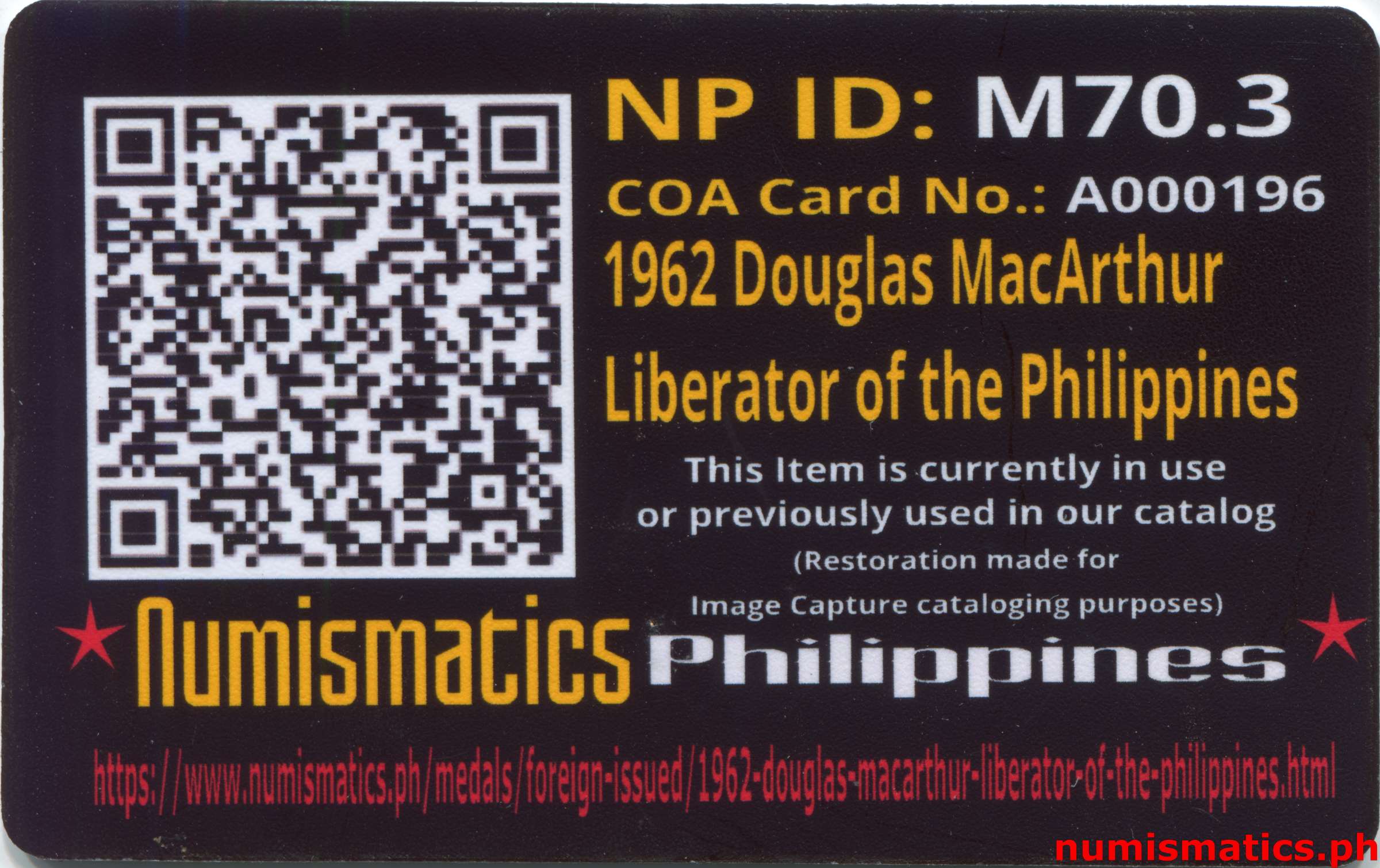 1962 Douglas MacArthur Liberator of the Philippines USA Congressional Gold Medal Miniature Bronze 2013 Reissue A000196 COA Card Reverse