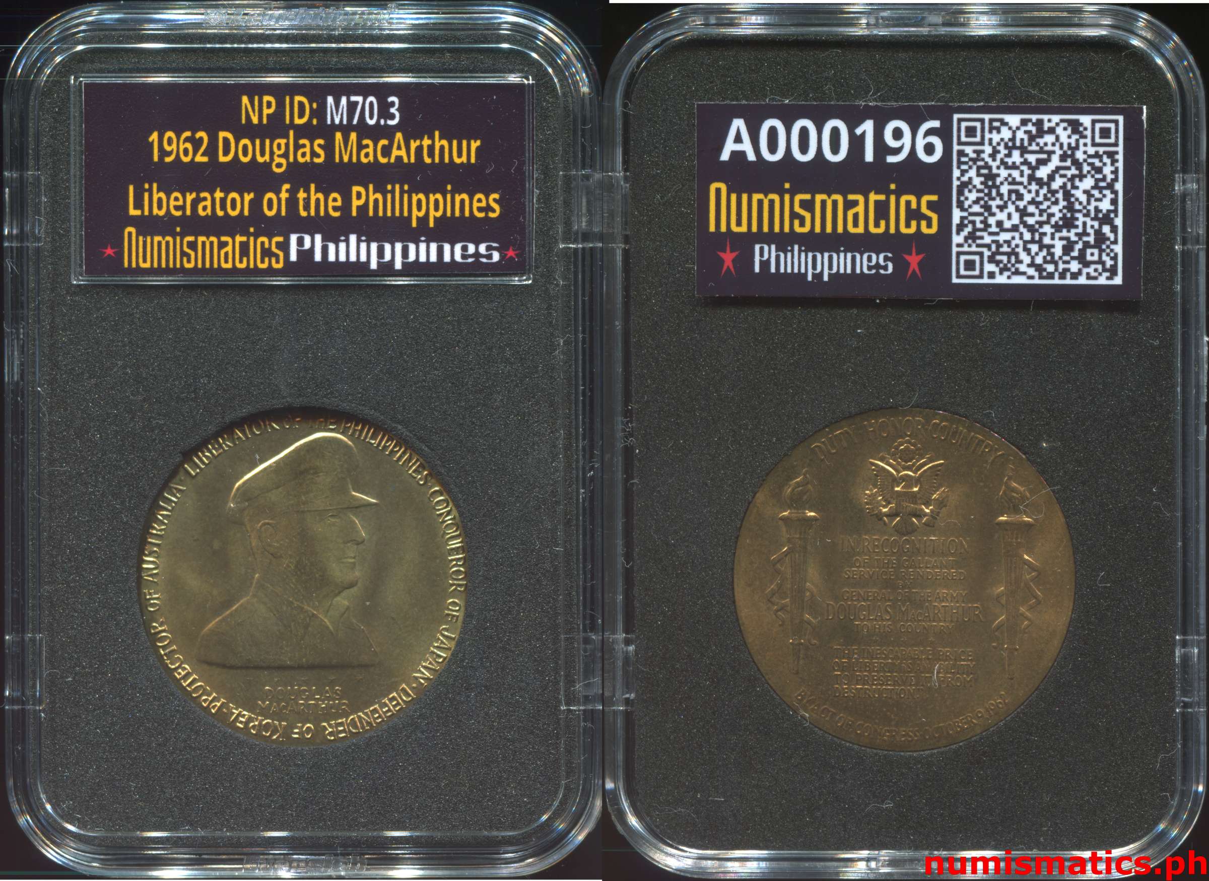 1962 Douglas MacArthur Liberator of the Philippines USA Congressional Gold Medal Miniature Bronze 2013 Reissue A000196 Slab