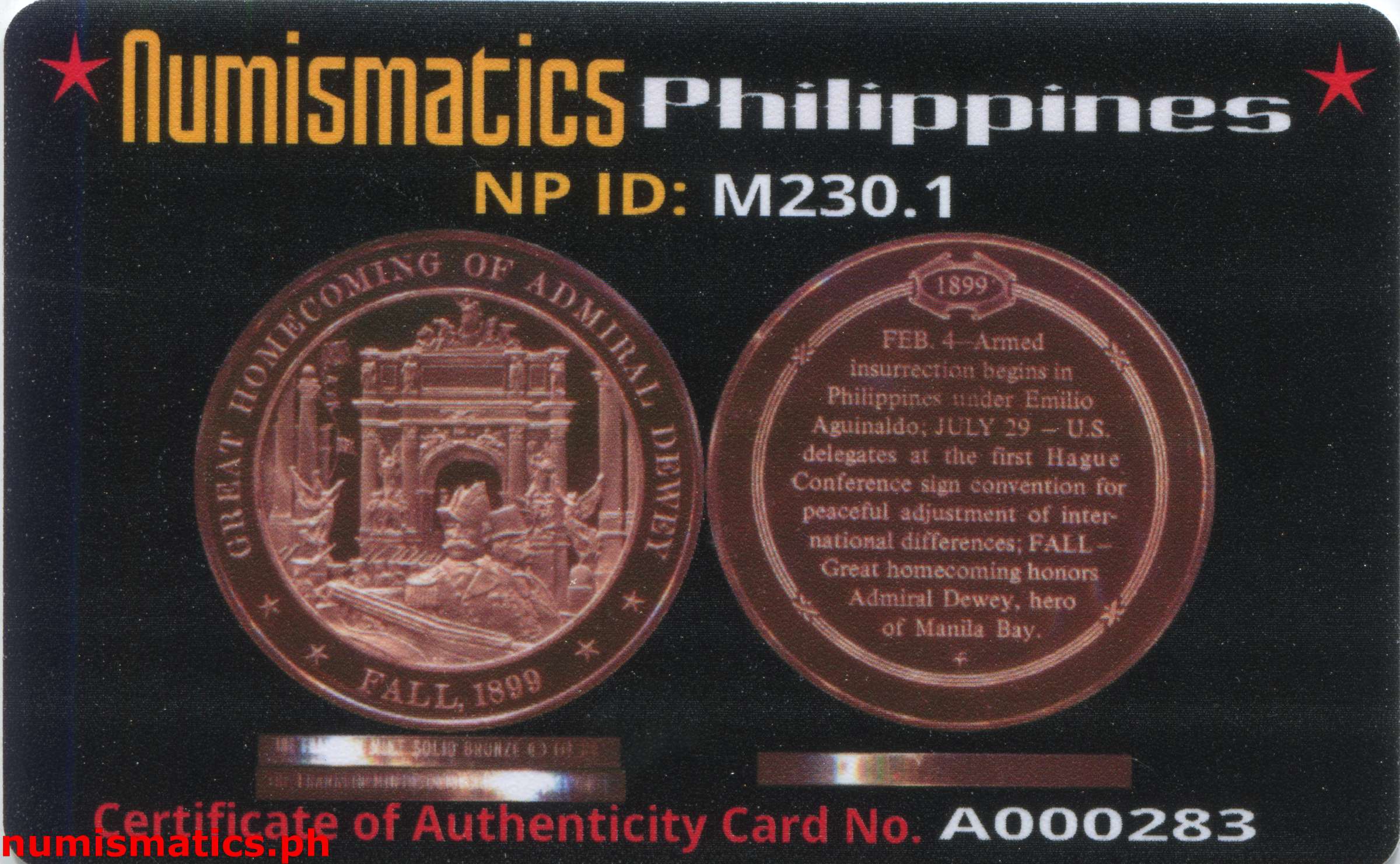 1973 Admiral Dewey - Emilio Aguinaldo Medal Solid Bronze A000283 COA Card Obverse