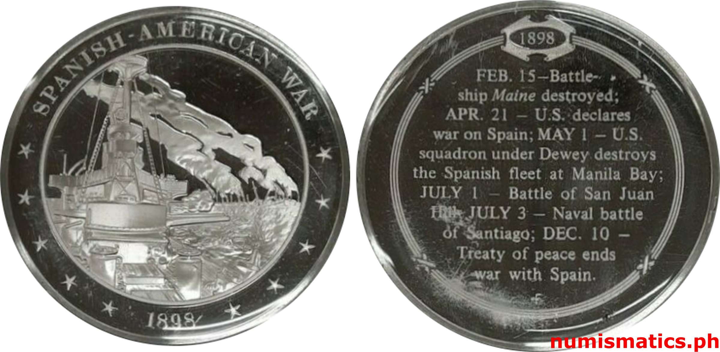 1973 Spanish - American War at Manila Bay Medal Sterling Silver