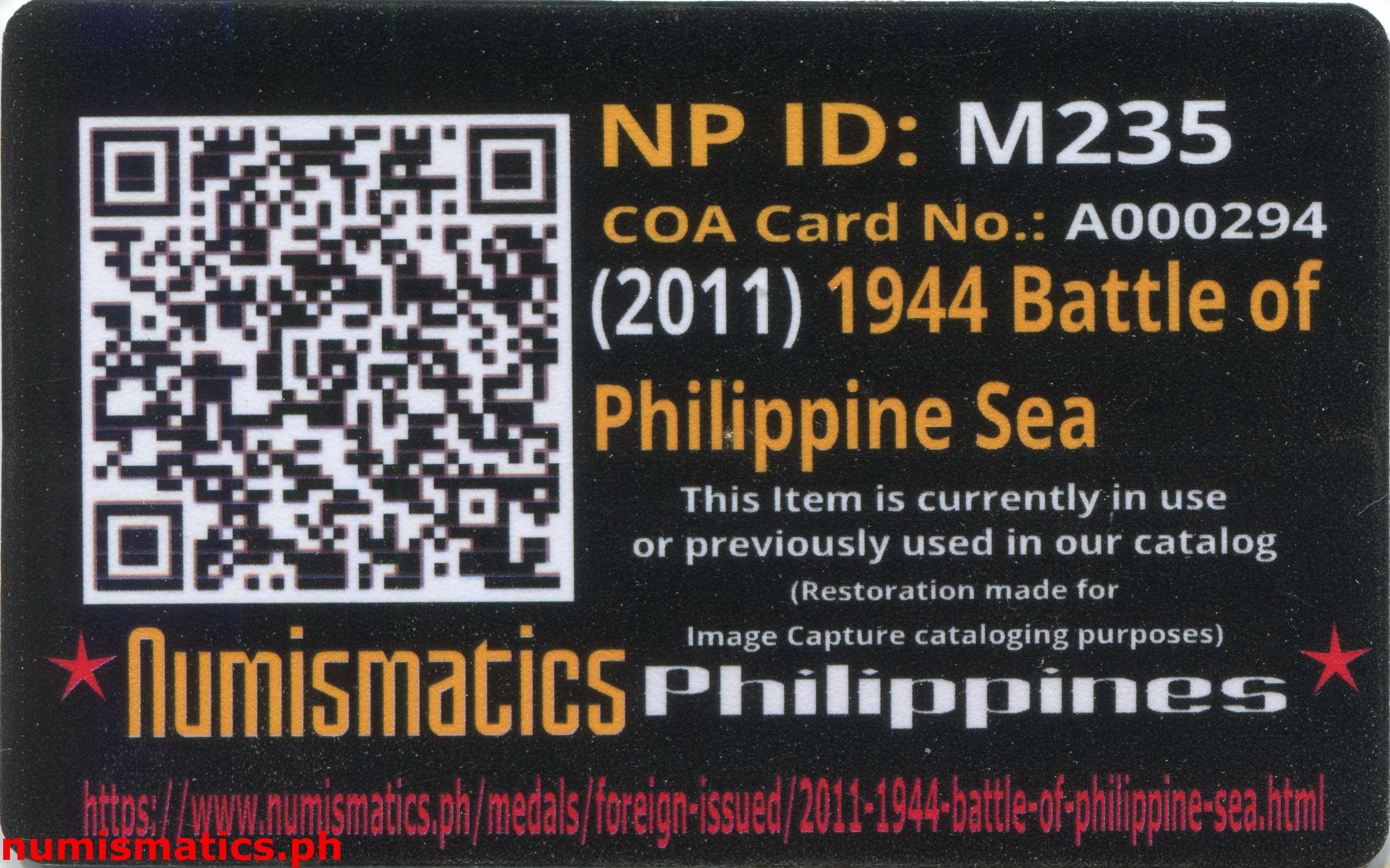 (2011) 1944 Battle of Philippine Sea Medal A000294 COA Card Reverse