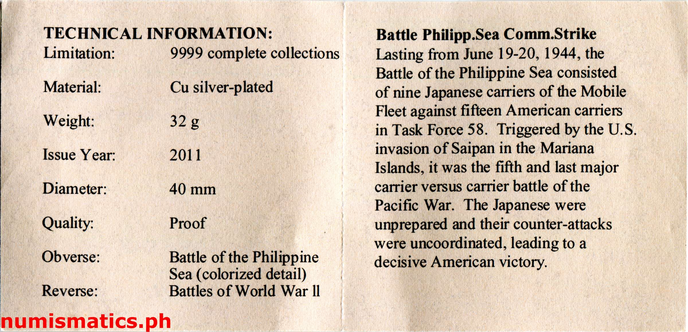 (2011) 1944 Battle of Philippine Sea Medal COA Reverse