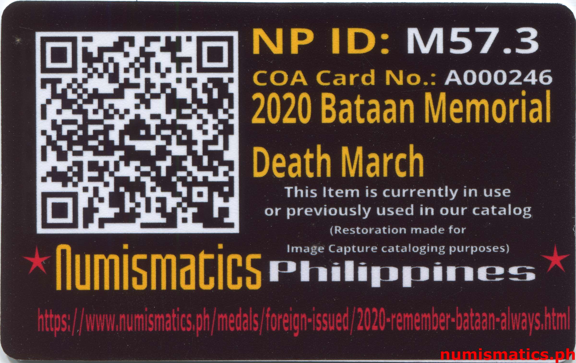 2020 Bataan Memorial Death March Challenge Coin Uniface A000246 COA Card Reverse