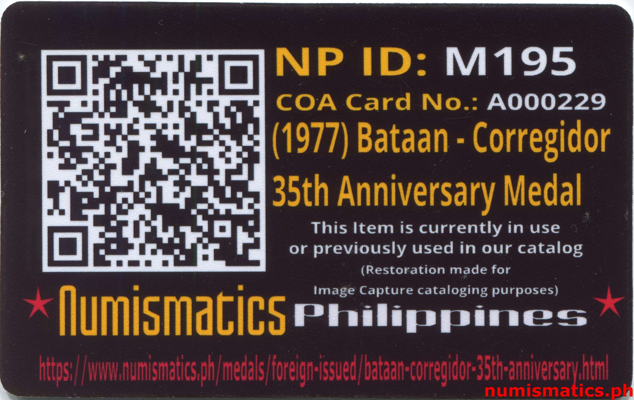 (1977) Bataan - Corregidor 35th Anniversary Medal A000229 COA Card Reverse