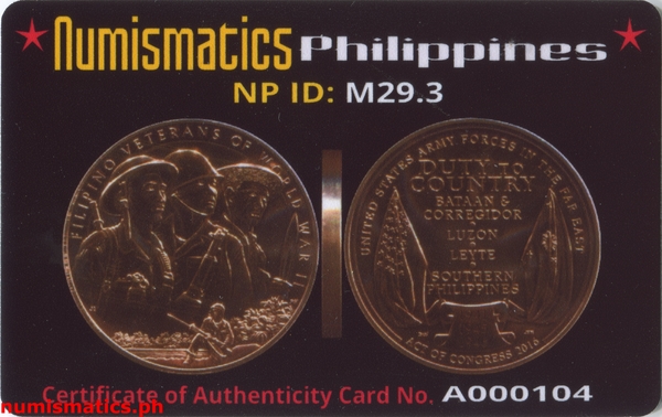 Filipino Veterans of World War II USA Congressional Gold Medal Miniature Bronze Replica A000104 COA Card Obverse