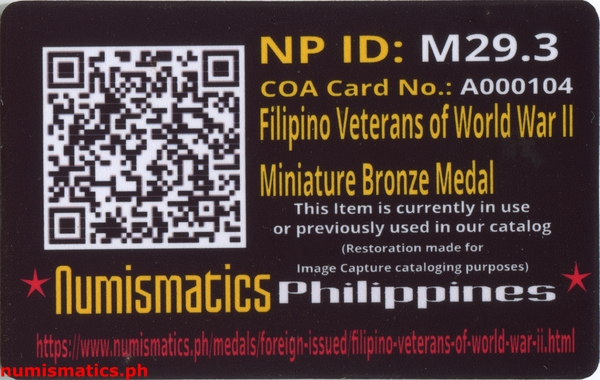 Filipino Veterans of World War II USA Congressional Gold Medal Miniature Bronze Replica A000104 COA Card Reverse