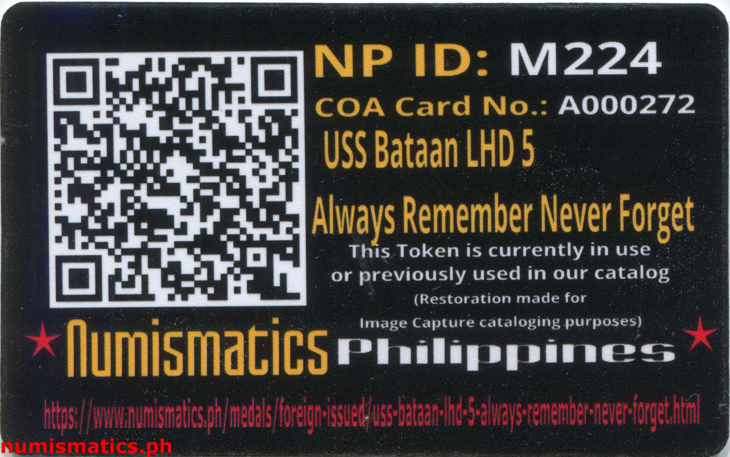 USS Bataan LHD 5 Always Remember Never Forget Challenge Coin A000272 COA Card Reverse