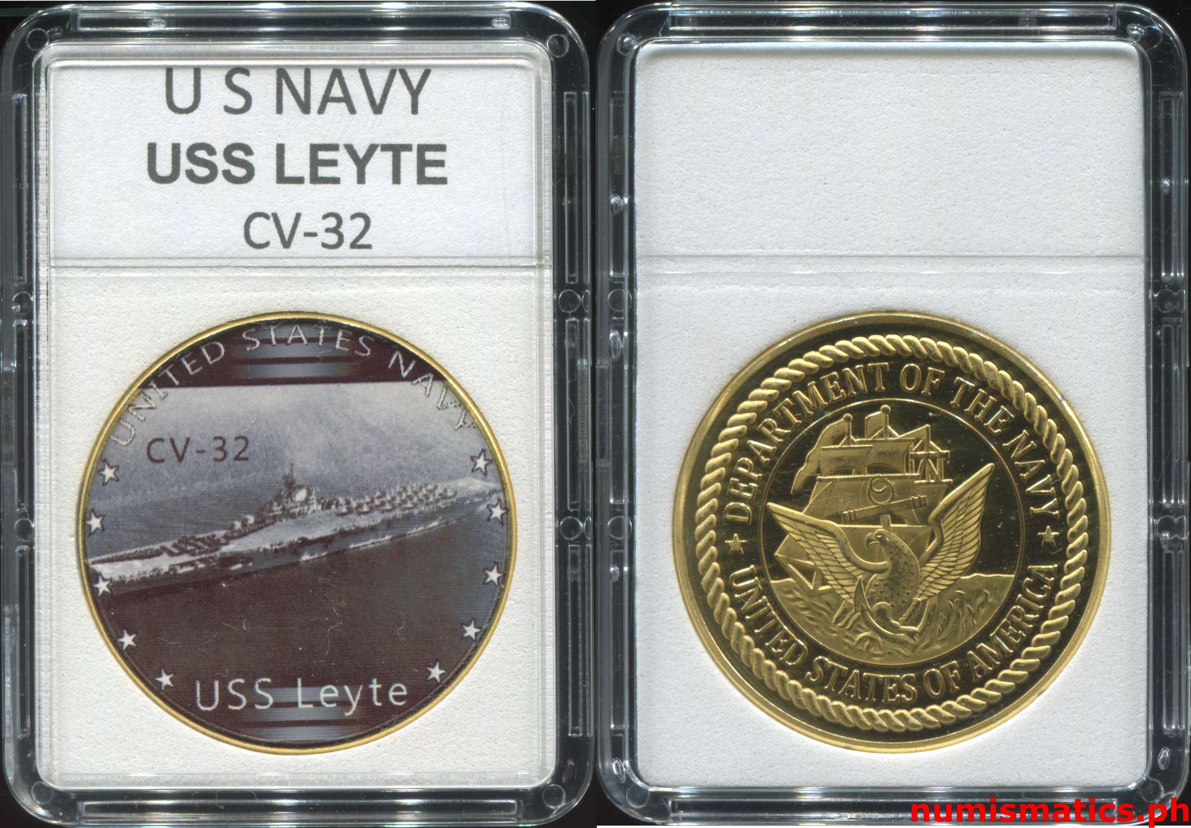 USS Leyte CV-32 United States Navy Challenge Coin Clear Plastic Case