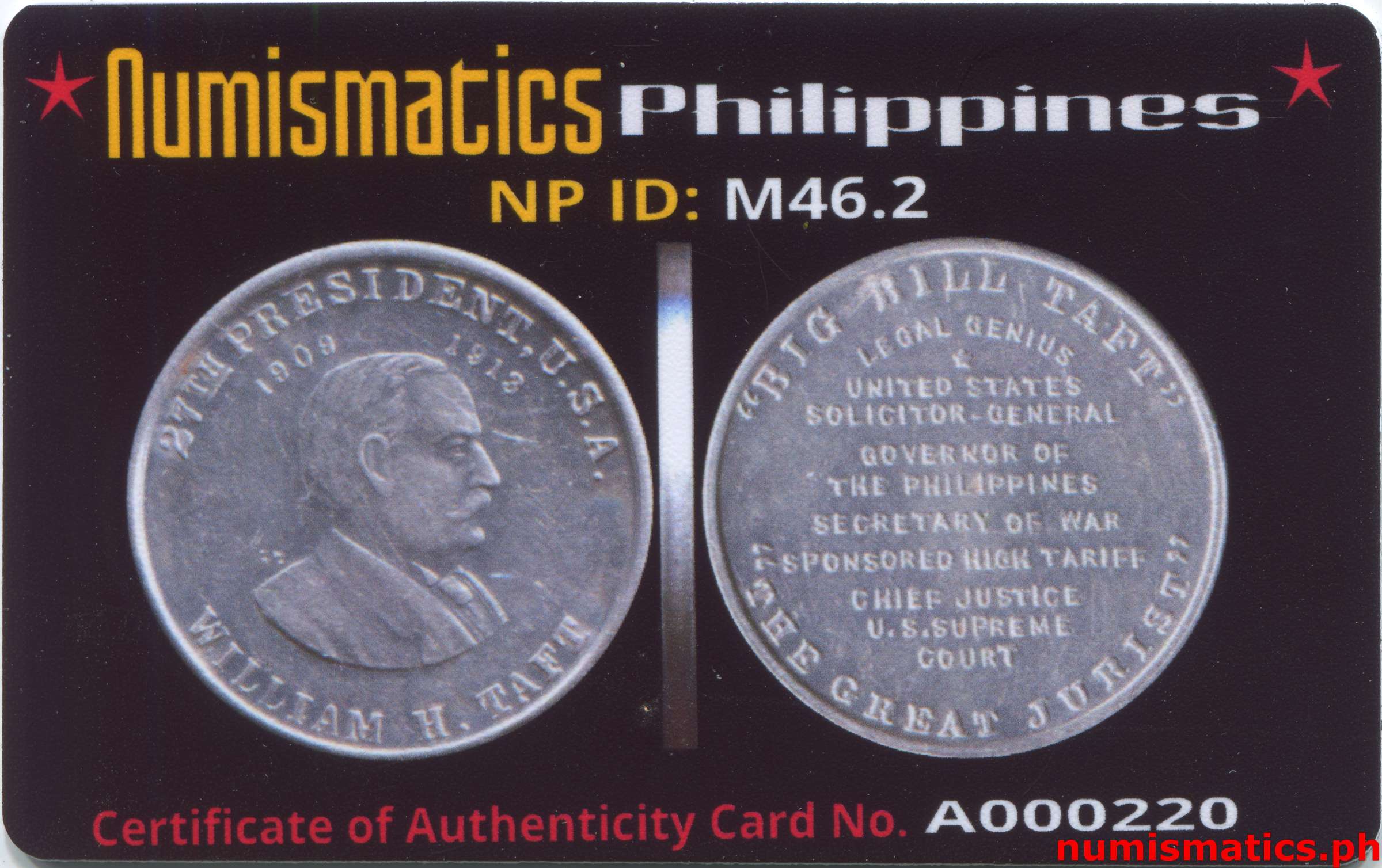 William H. Taft - Governor of the Philippines Medal Aluminum A000220 COA Card Obverse