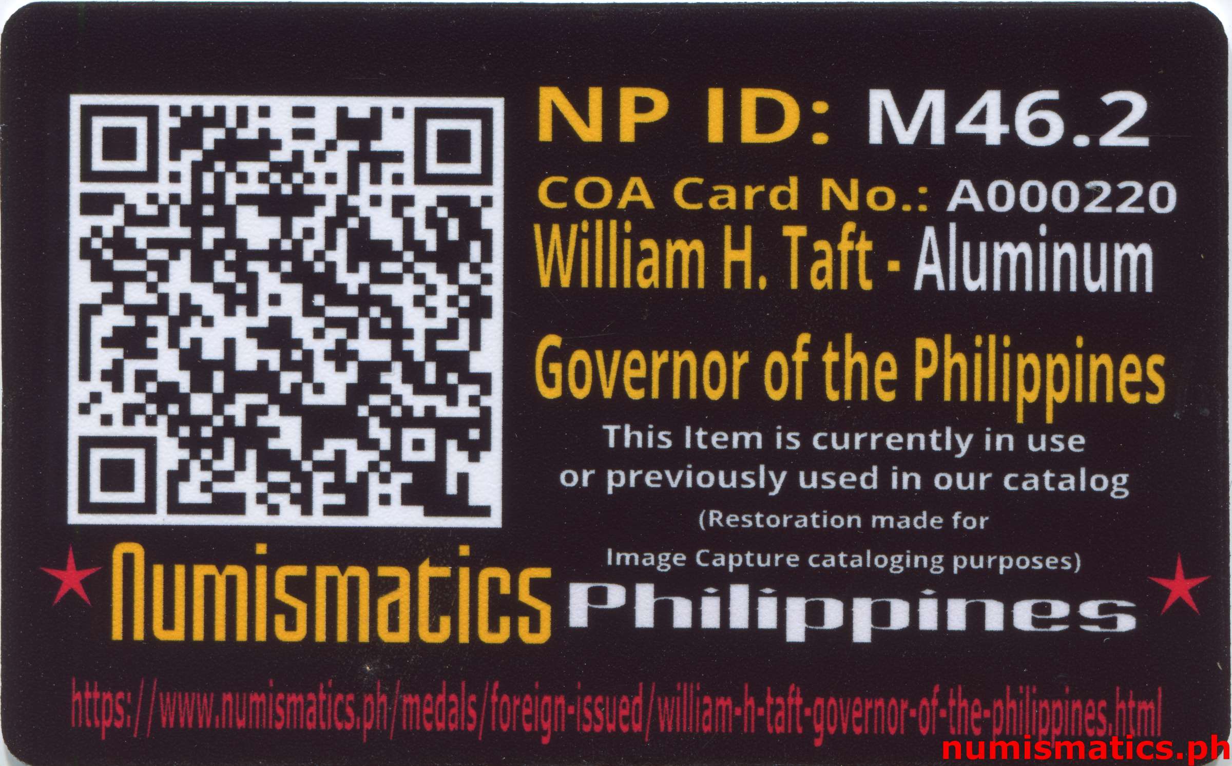 William H. Taft - Governor of the Philippines Medal Aluminum A000220 COA Card Reverse