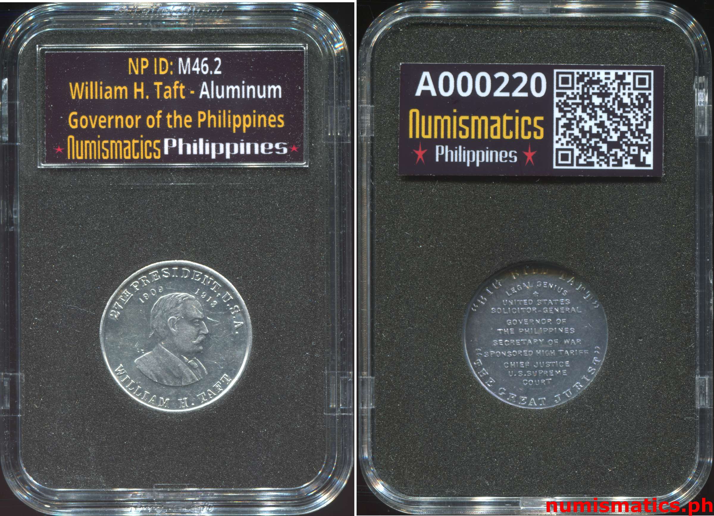 William H. Taft - Governor of the Philippines Medal Aluminum A000220 Slab