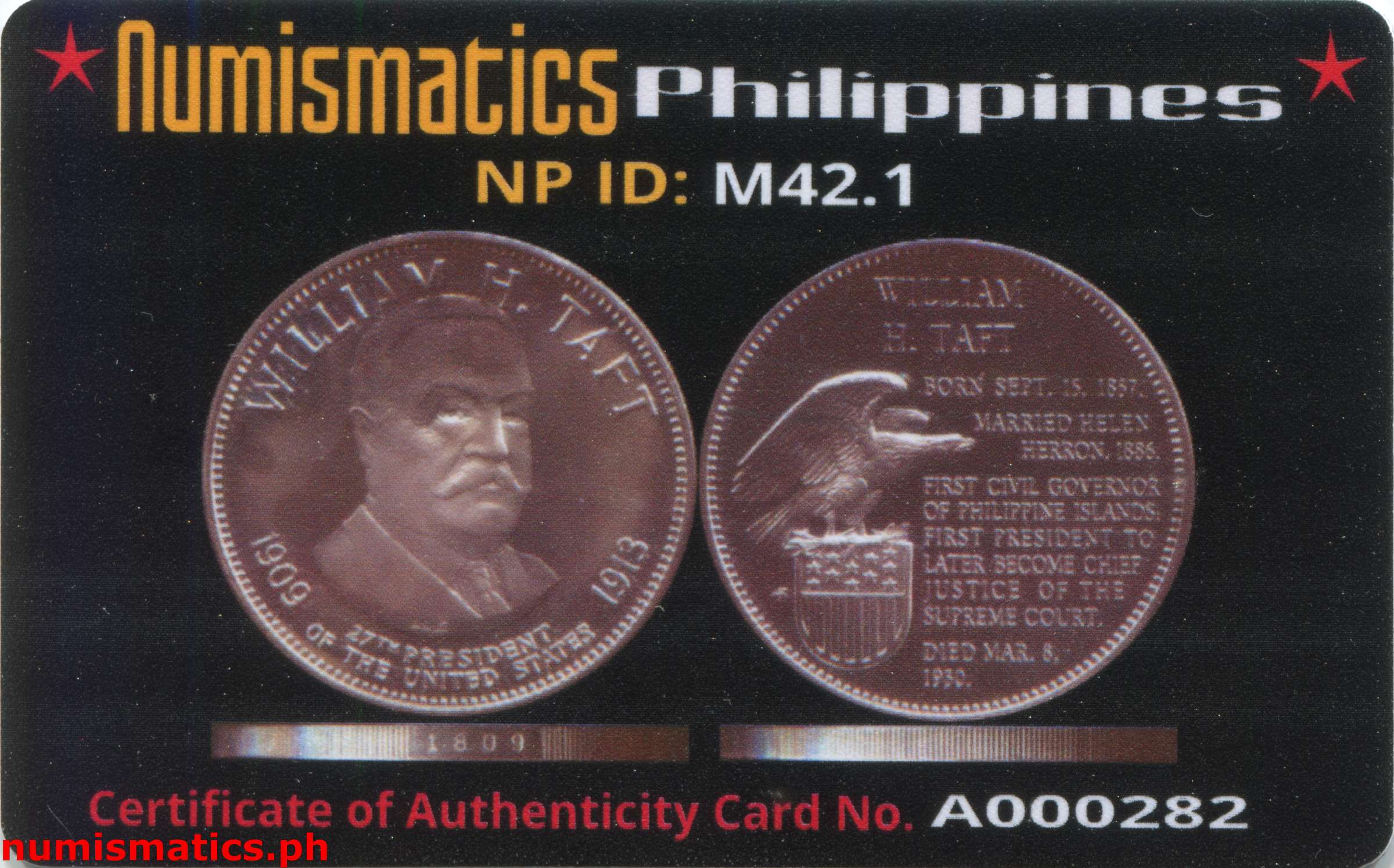 1967 William H. Taft - Philippine Islands Silver Medal A000282 COA Card Obverse